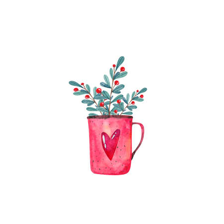 watercolor red mug with pine tree branch, leaves and cookie isolated on white. Christmas cardの写真素材