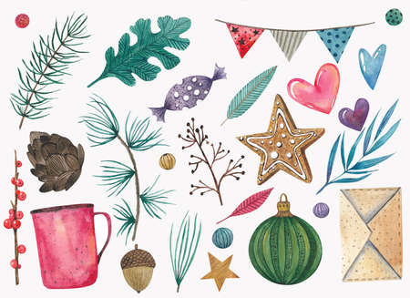 watercolor christmas collection with new year decorative elements. Balls, leaves, berries, stars, hearts on white backgroundの写真素材