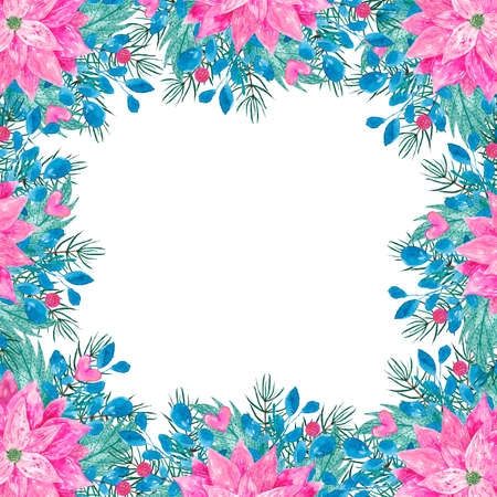 Celebration border, menu template, frame with pink poinsettia, leaves, berries, hearts and pine branches isolated on white background. Christmas cardの写真素材