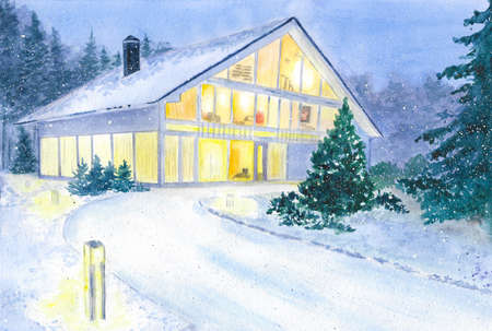 watercolor house in the winter in the forest, a lot of lightの写真素材