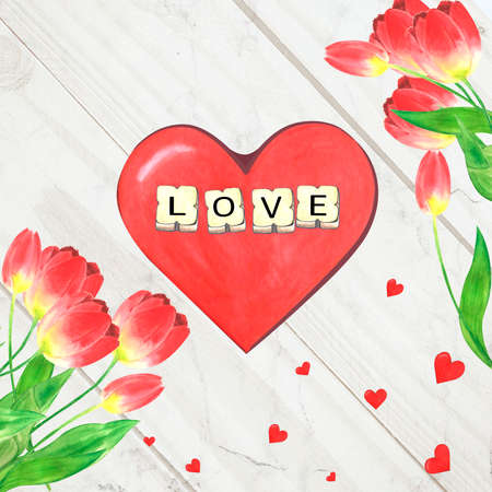 watercolor tulips heart with the word love on a white marble backgroundの写真素材