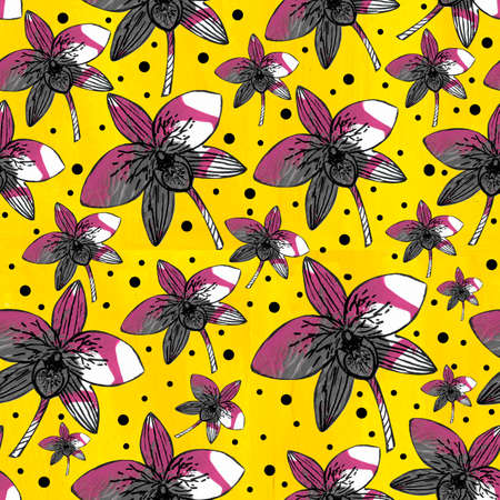 seamless pattern with pink orchids on yellow backgroundの写真素材