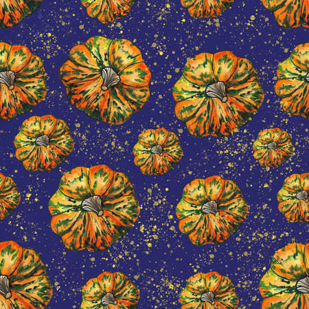 Seamless watercolor pattern with hand painting pumpkinsの写真素材