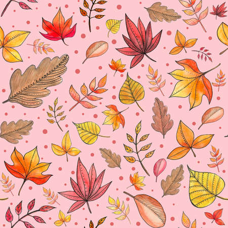 Seamless watercolor pattern with autumn leaves. Mutated colorsの写真素材