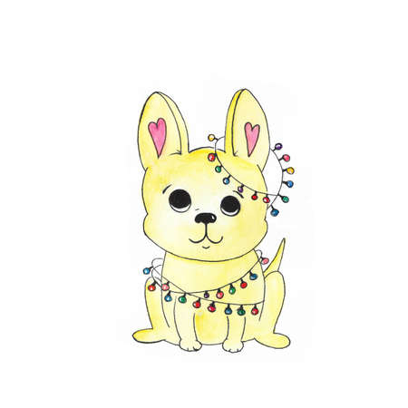 Sketch painted in watercolor: pug dog on white isolated backgroundの写真素材
