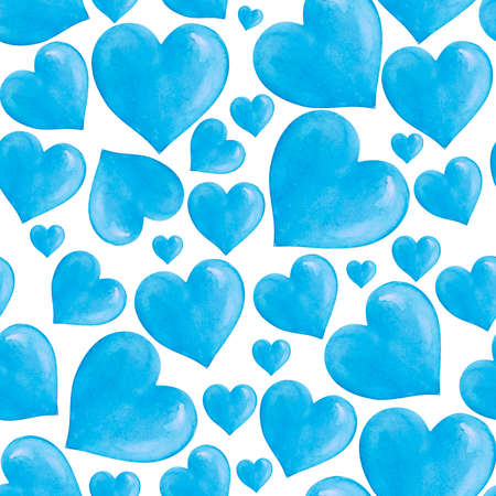 Watercolor seamless pattern with blue hearts
