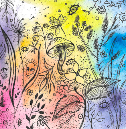 watercolor colorful abstract painting with floral ornament magic mystic objectの写真素材