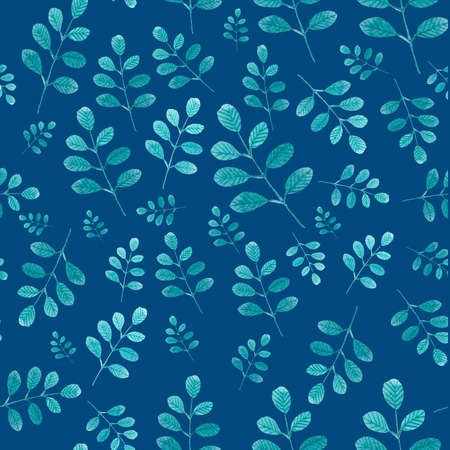 watercolor seamless pattern with emerald leaves on classic blue backgroundの写真素材