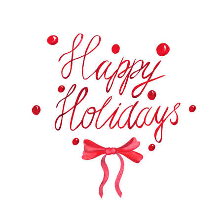 watercolor christmas card with dots, bow and letter happy holidaysの写真素材