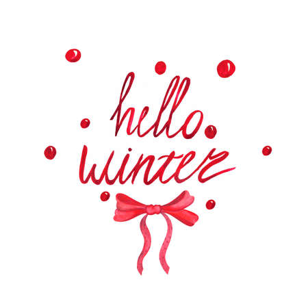 watercolor christmas card dots and bow and letter hello winterの写真素材