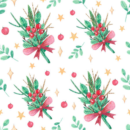 Christmas seamless pattern with new year decor elements. Bows, leaves, berries, starsの写真素材