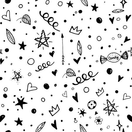 Black line seamless pattern with doodle elements.の写真素材