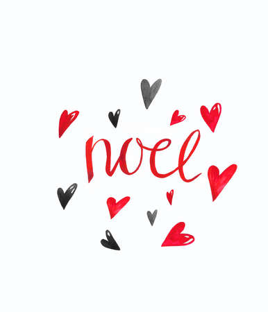 watercolor red letter noel with heartsの写真素材