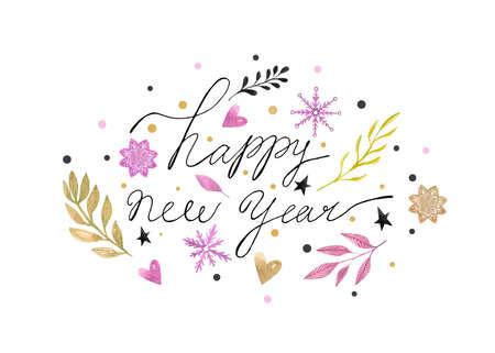 watercolor christmas card with letter happy new yearの写真素材