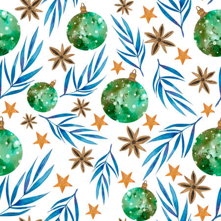 christmas seamless pattern with new year decor elements. Balls, leaves ,stars,heartsの写真素材