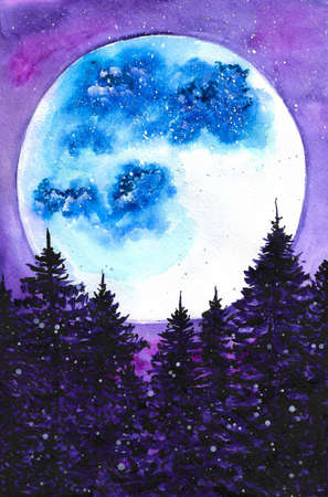full moon on beautiful blue, violet night, watercolor illustrationの写真素材