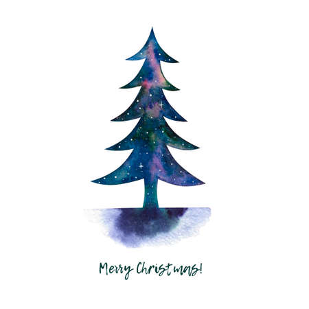 Watercolor cosmic Christmas pine treeの写真素材
