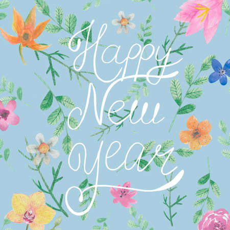 watercolor card with flowers and leaves and letter happy new yearの写真素材