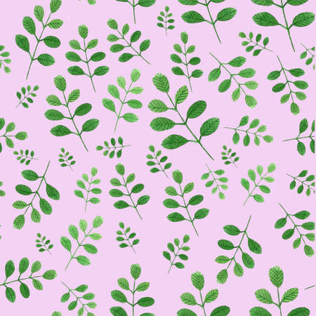 watercolor seamless pattern with green leaves on the pink backgroundの写真素材