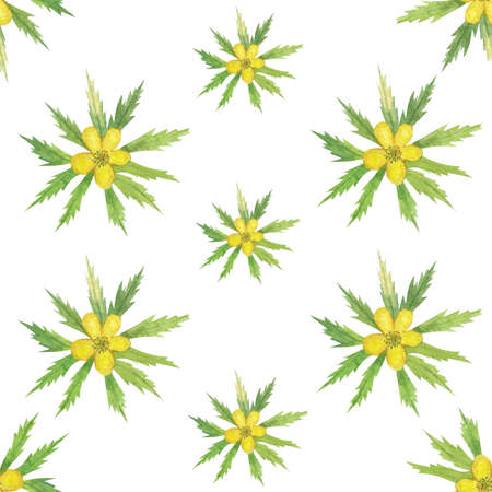 watercolor seamless pattern with forest yellow spring flowersの写真素材