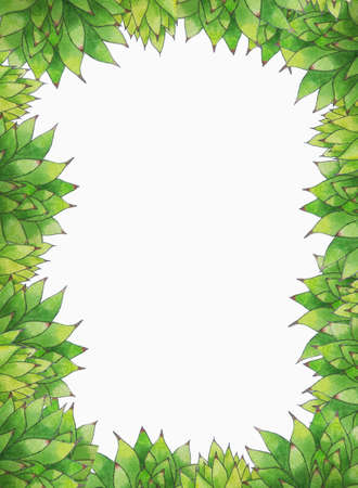 Watercolor border with green leavesの写真素材