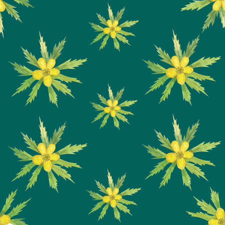 watercolor seamless pattern with forest yellow spring flowersの写真素材