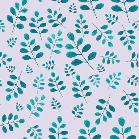 watercolor seamless pattern with green leaves on the pink backgroundの写真素材