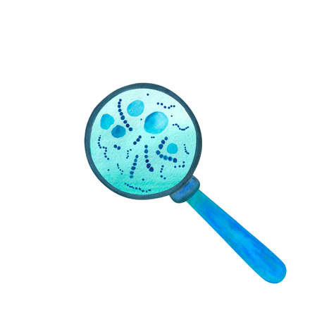 bacteria, microbes, coronavirus, blood and viruses under a magnifying glassの写真素材