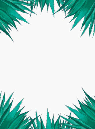 Watercolor border with green leavesの写真素材