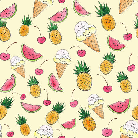 Watercolor seamless pattern with cute cartoon style watermelon, icecream, pineappleの写真素材