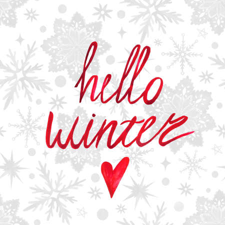 watercolor christmas card with heart, snowflake and letter hello winterの写真素材