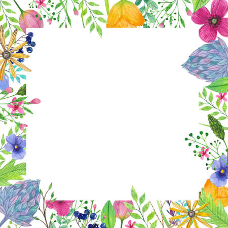 frame with spring flowers and leaves, easter eggs on a white backgroundの写真素材