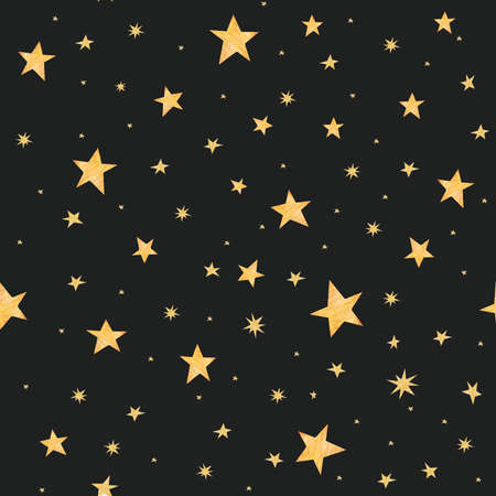 Watercolor seamless pattern with stars on a black background drawn by watercolor.の写真素材