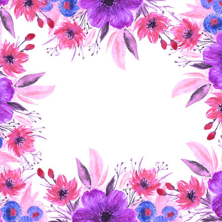 Watercolor purple frame with beautiful pink and violet flowers and leavesの写真素材