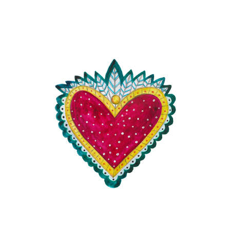 Watercolor art of heart in vintage style, traditional Mexican heartsの写真素材