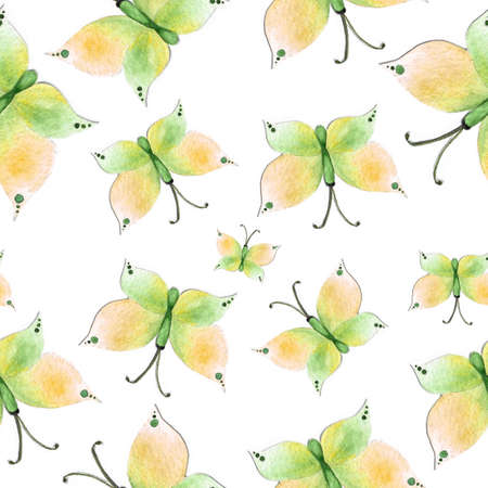 watercolor seamless pattern with yellow butterflies on white backgroundの写真素材