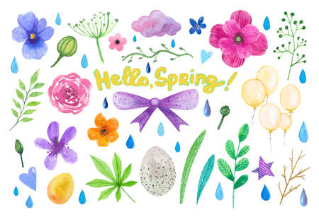 Watercolor spring easter set. Flowers, bow, leaves, egg, cloudの写真素材