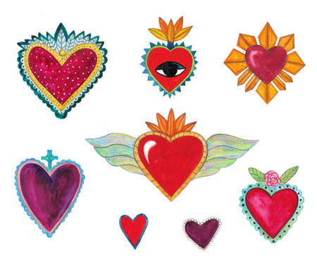 Watercolor illustration set of hearts in vintage style. Traditional Mexican hearts. Set of hand-drawn hearts isolated on a white background.の写真素材