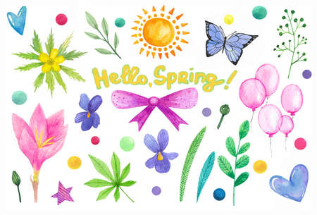 Watercolor spring easter set. Flowers, bow, leaves, cloudの写真素材
