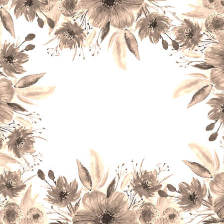 Watercolor sepia frame with beautiful flowers and leavesの写真素材
