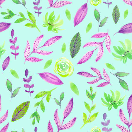 watercolor colorful floral seamless pattern with flowers and leaves, pink and green colorsの写真素材