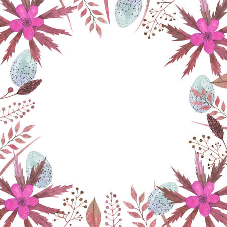 oval frame with spring flowers and leaves, easter eggs on a white backgroundの写真素材