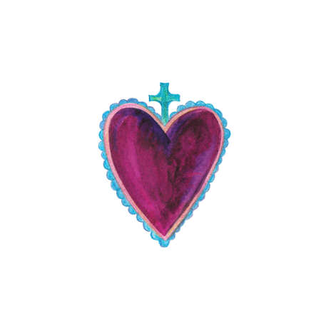 Watercolor art of heart in vintage style, traditional Mexican heartsの写真素材