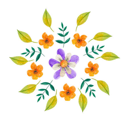watercolor mandala with green leaves, daisy and other flower on white backgroundの写真素材