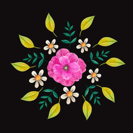 watercolor mandala with green leaves, daisy and pink flower on black backgroundの写真素材