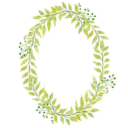 Watercolor oval frame of green leaves on a white backgroundの写真素材