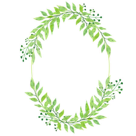 Watercolor oval frame of green leaves on a white backgroundの写真素材