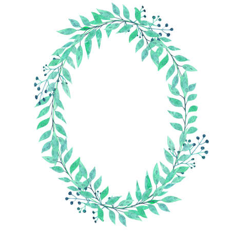 Watercolor oval frame of green leaves on a white backgroundの写真素材