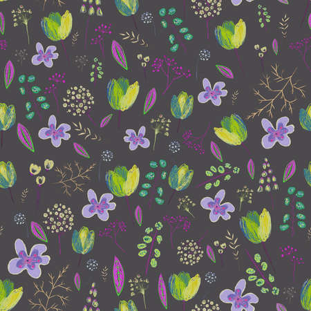 Seamless pattern with spring flowers on black backgroundの写真素材