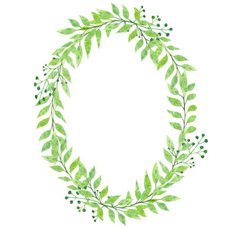Watercolor oval frame of green leaves on a white backgroundの写真素材